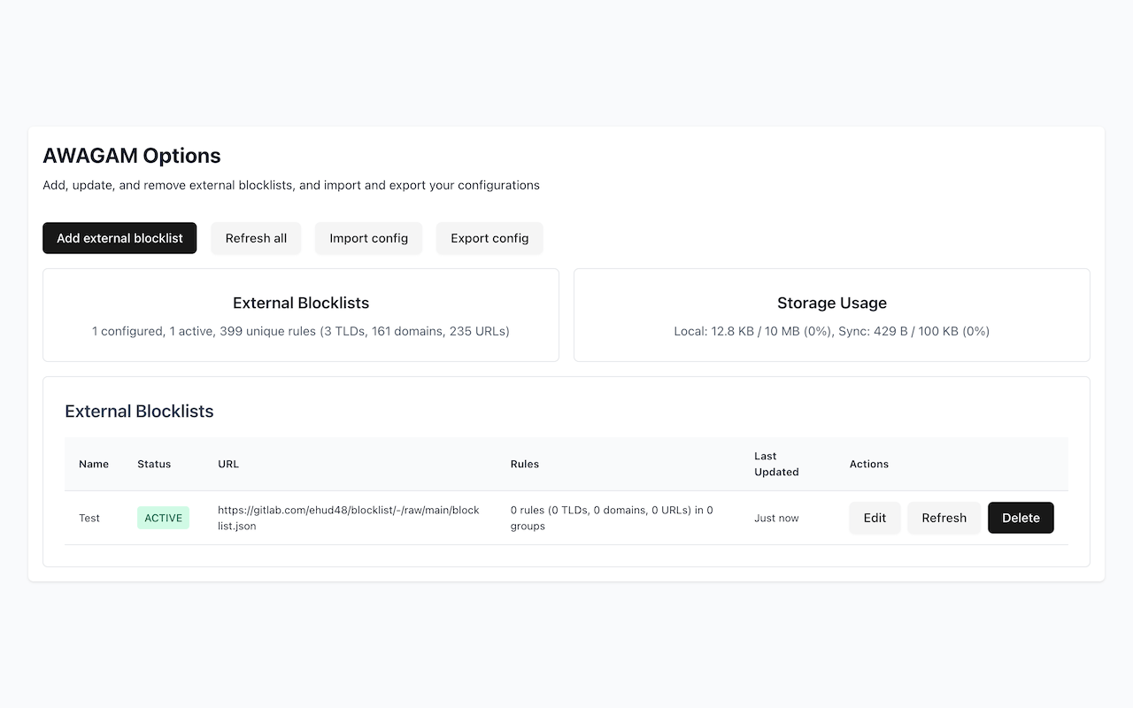 AWAGAM options page with blocklists overview and storage information.