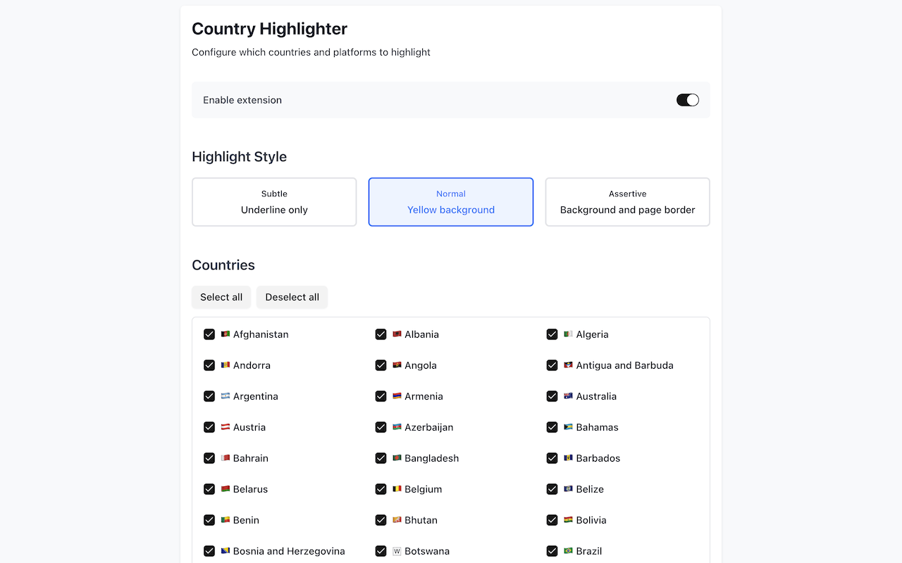Country Highlighter options page with highlight style and countries selection.