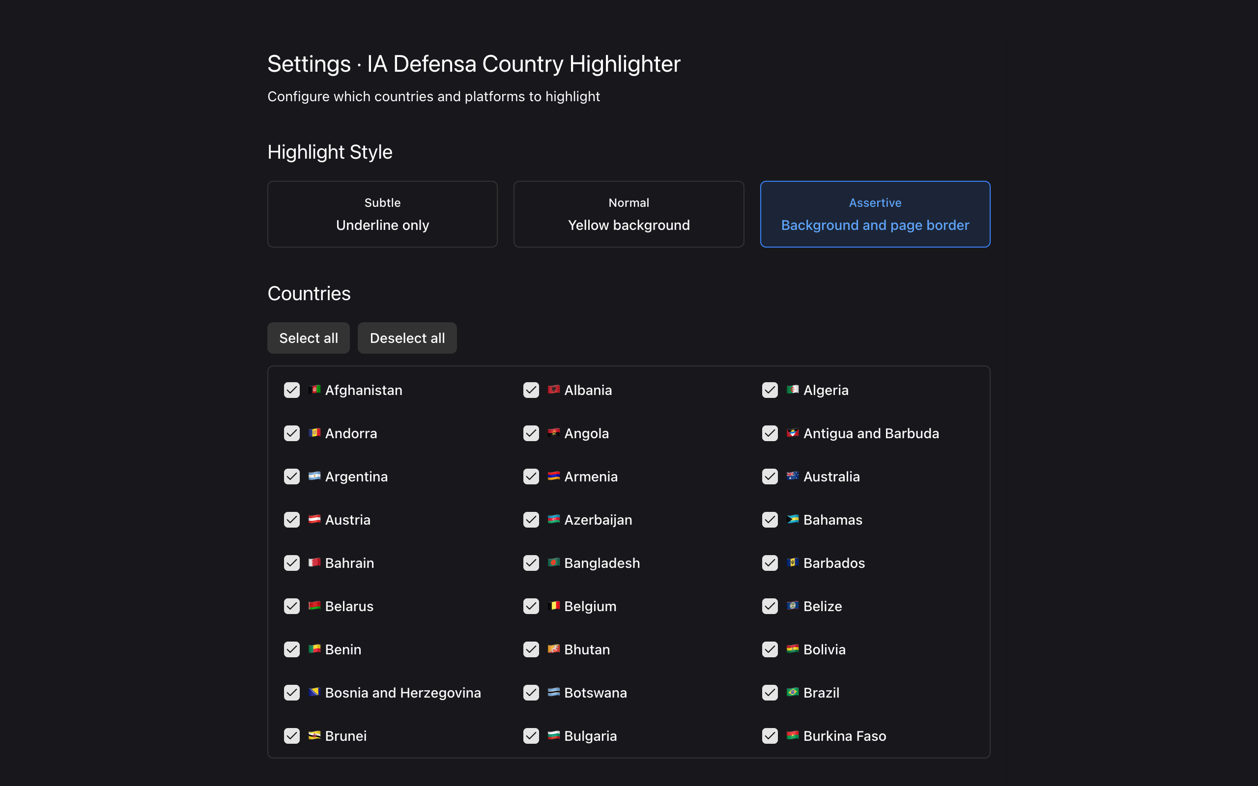 Country Highlighter settings page with highlight style and countries selection.