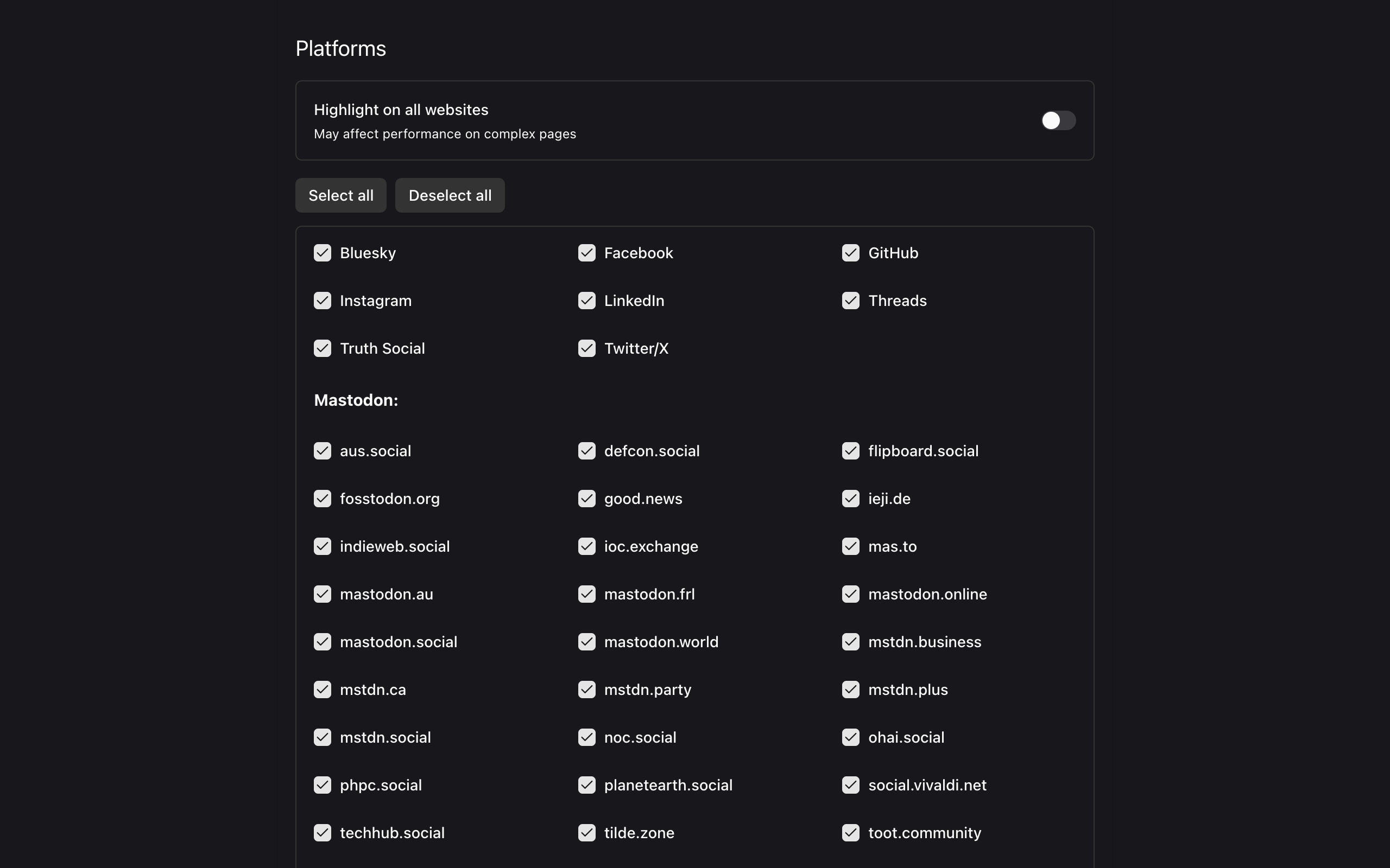 Country Highlighter settings page with platforms selection.