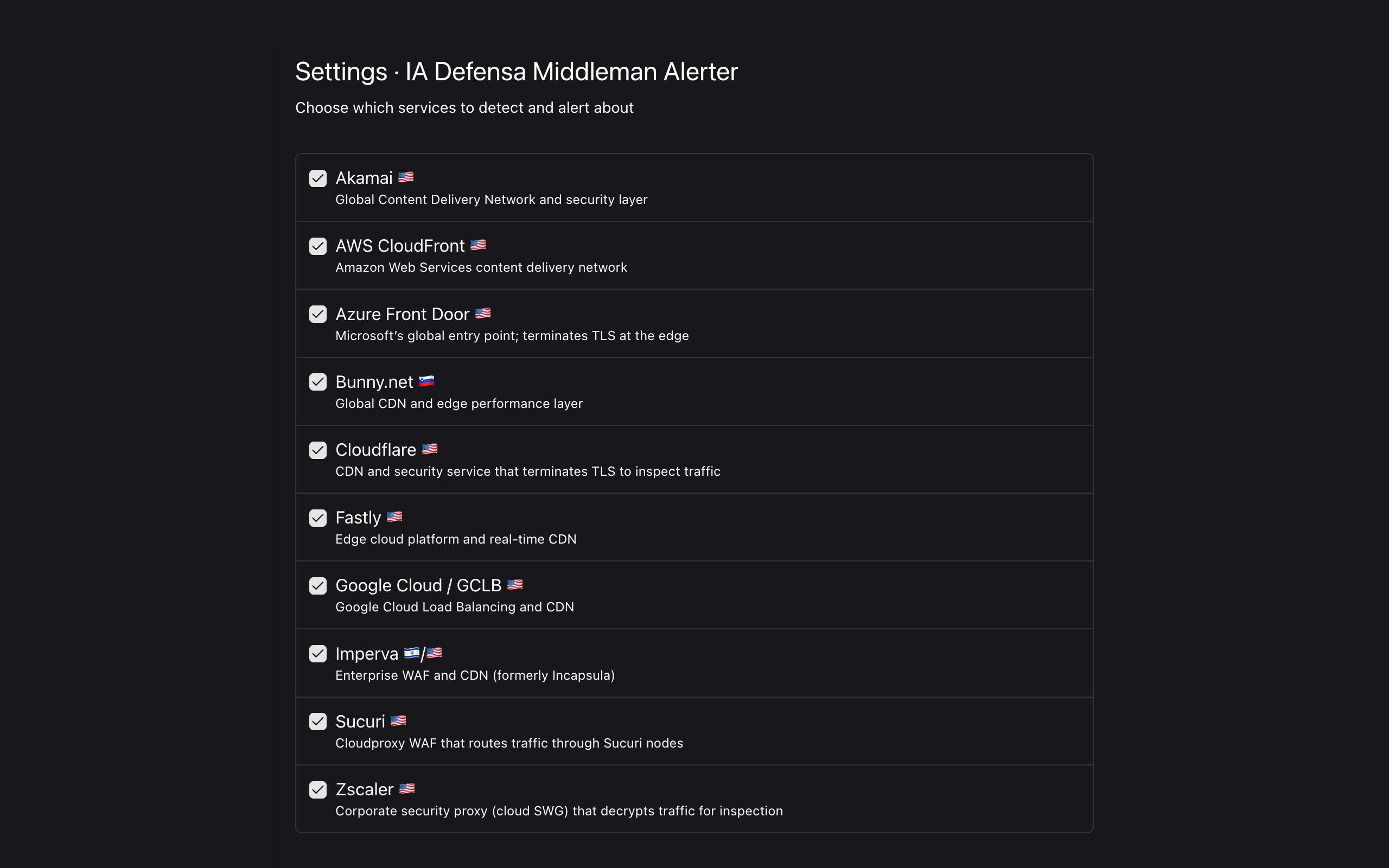 Middleman Alerter settings page listing all detectable services with toggles to enable or disable.