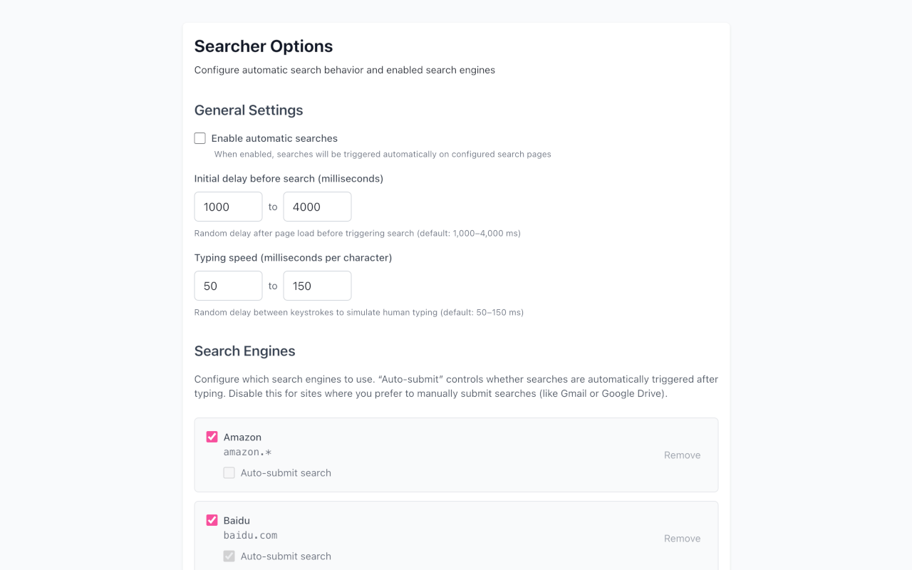 Searcher options page to configure and add searches to be triggered.