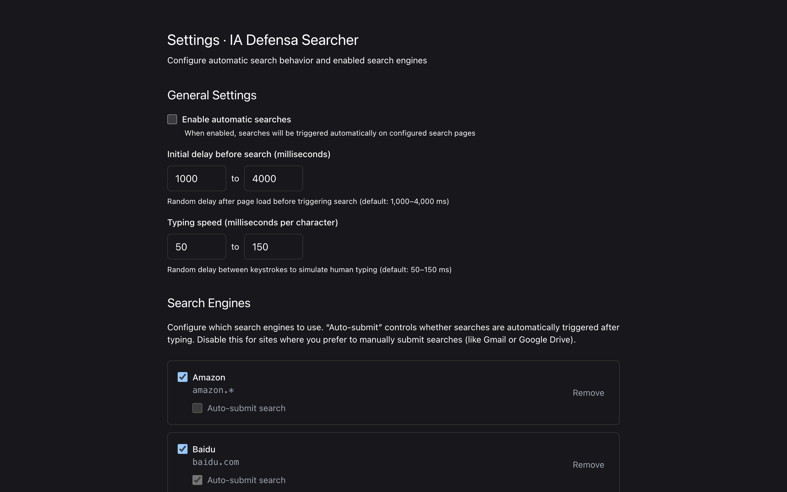Searcher settings page to configure and add searches to be triggered.